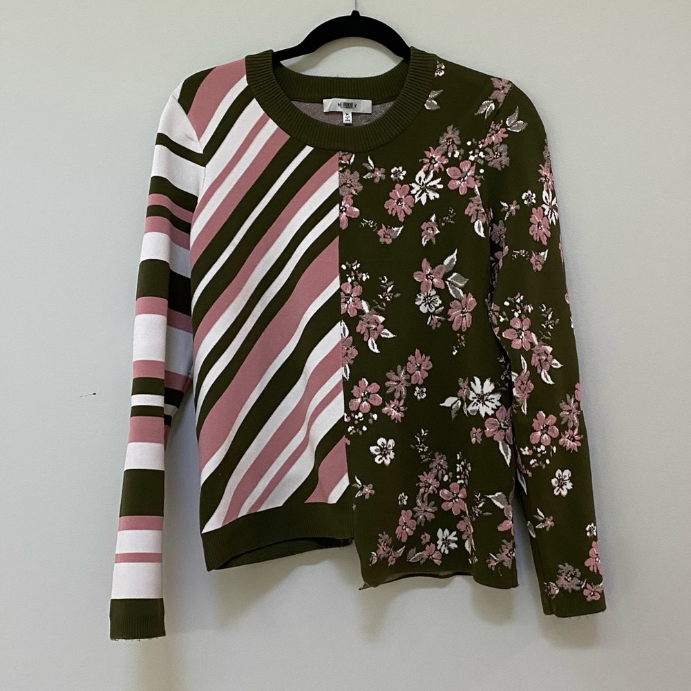 Milly contrast stripe and floral sweater